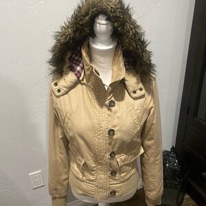 Aeropostale Beige Utility Jacket with Faux Fur Hood